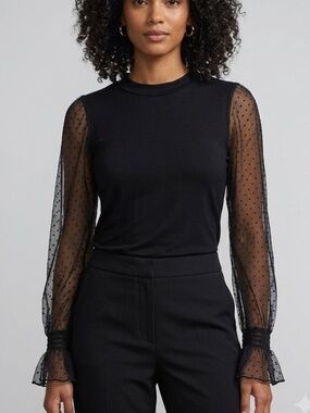 TRUTH By Republic Black Mesh Swiss Dot Long Sleeve Top Size M